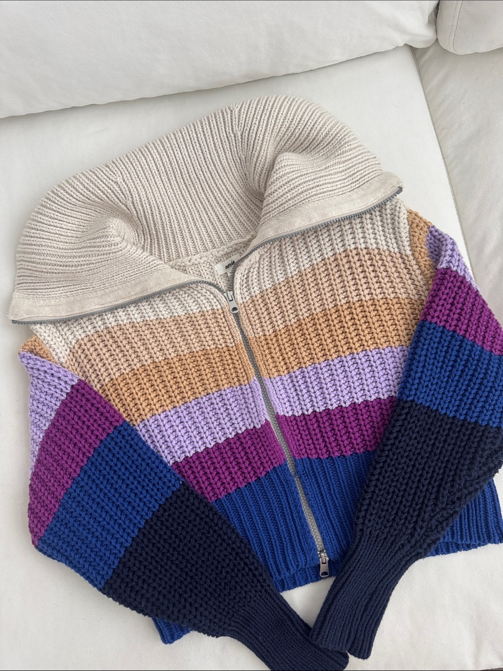 Aerie Striped Zip-Front Sweater Jacket in Cream, Tan, Purple & Blue - Picture 5 of 6